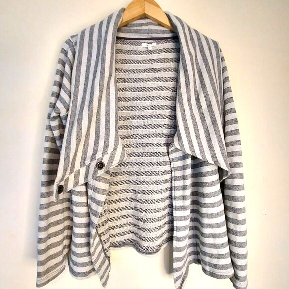 Maurices Sweater Gray Stripe Womens Large Cowl Neck Snap Button Versatile - Picture 2 of 12